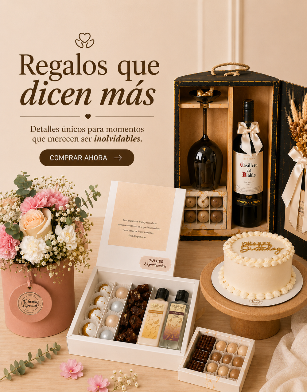 tortas, alfajores, cajas, vinos