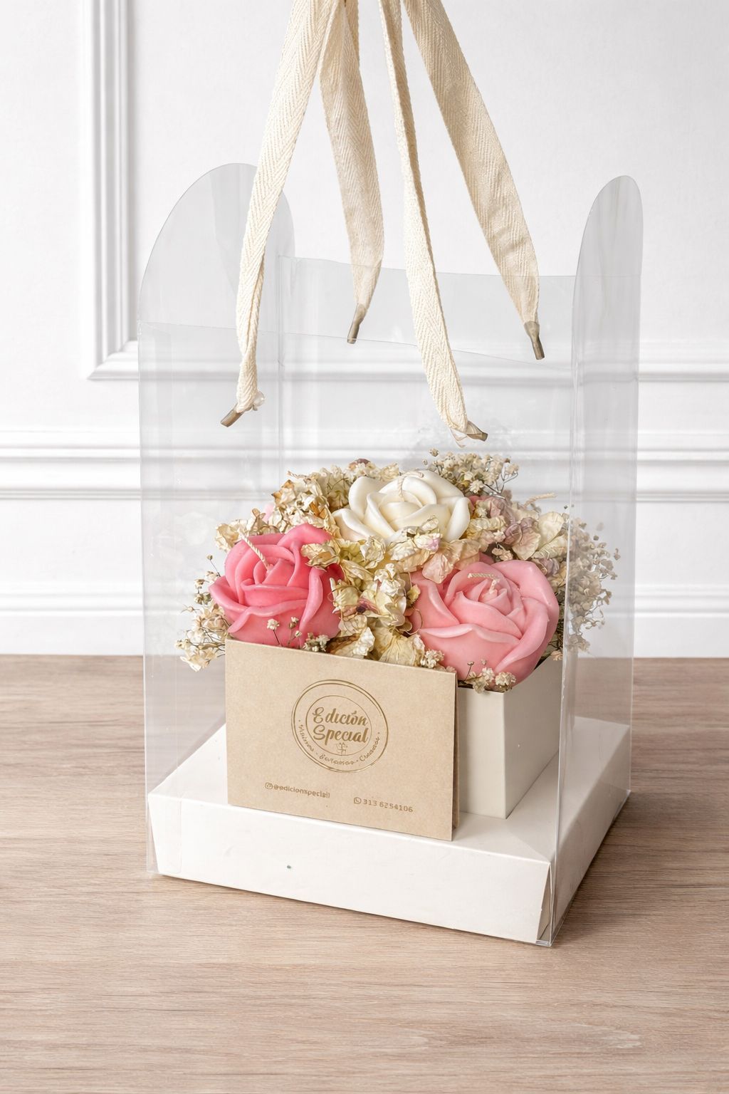 Bouquet decorativo velas rosas con aroma + empaque